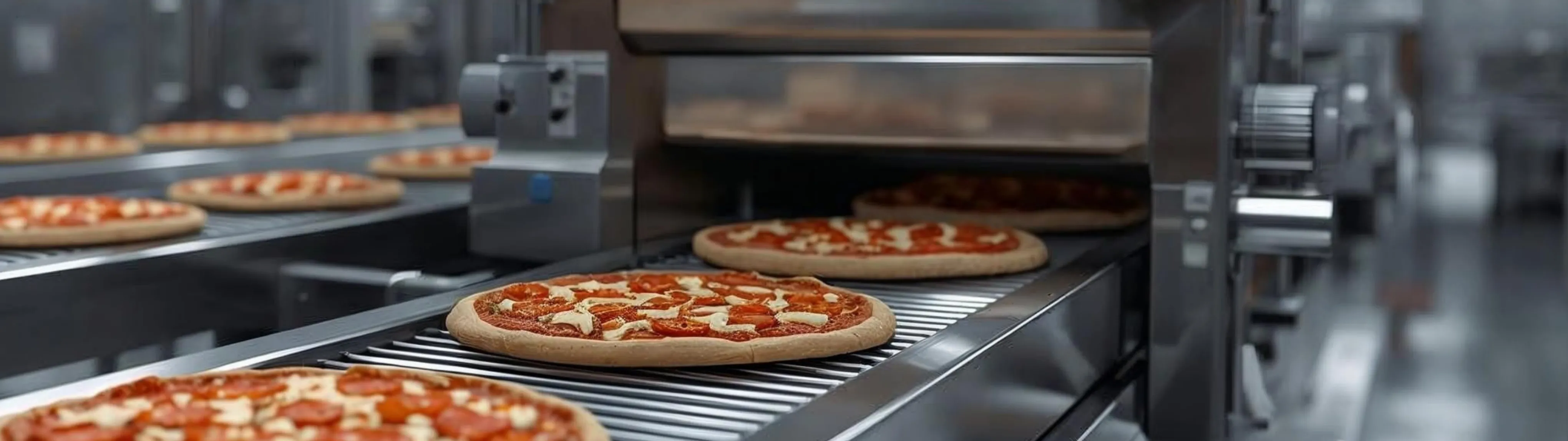 Automated continuous pizza production line showing baked pizzas transported on a stainless-steel conveyor through a controlled tunnel baking oven.
