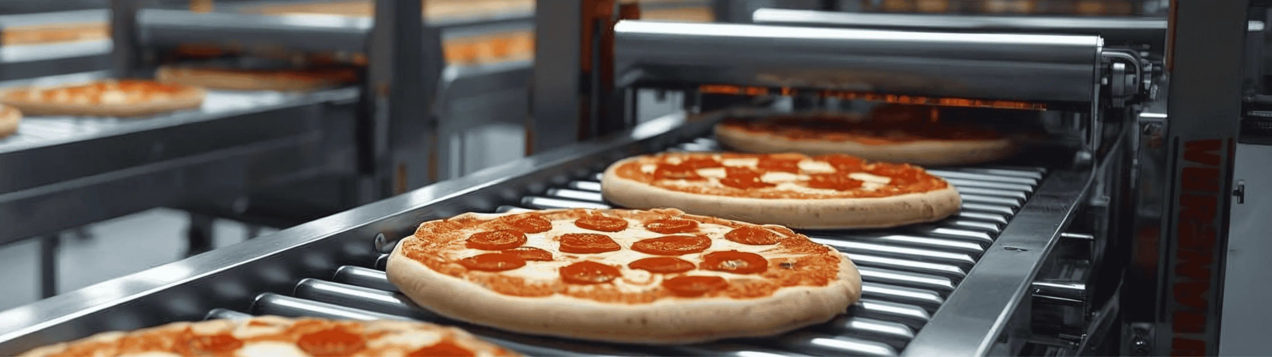 Automated continuous pizza production line showing baked pizzas transported on a stainless-steel conveyor through a controlled tunnel baking oven.