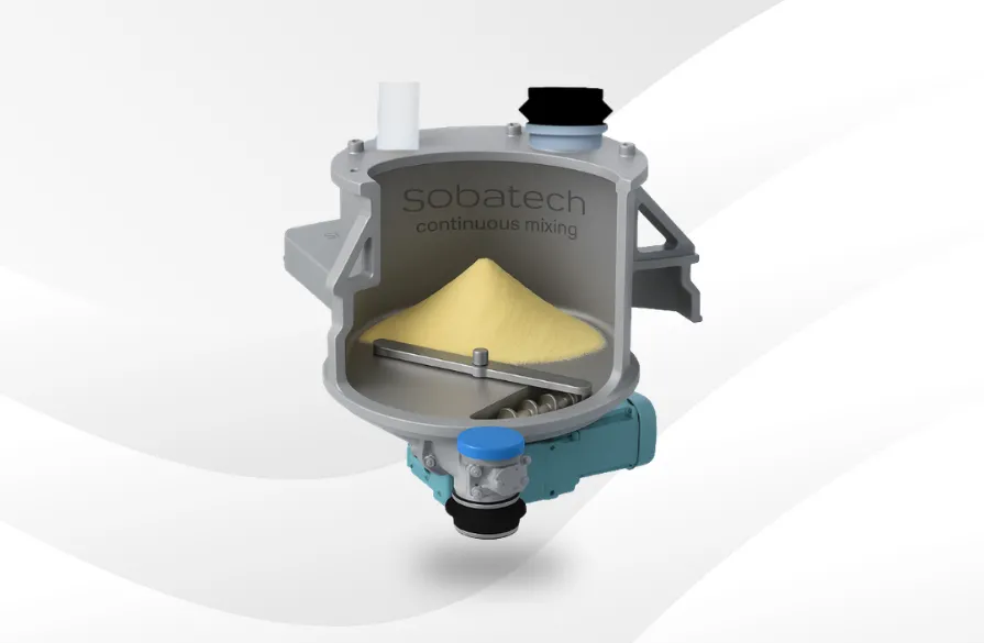Cross-section of Sobatech gravimetric dosing hopper showing flat-bottom design and powder feeding screw.