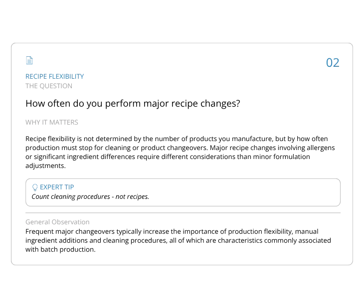 Recipe flexibility evaluation showing how major recipe changeovers influence the choice of mixing technology